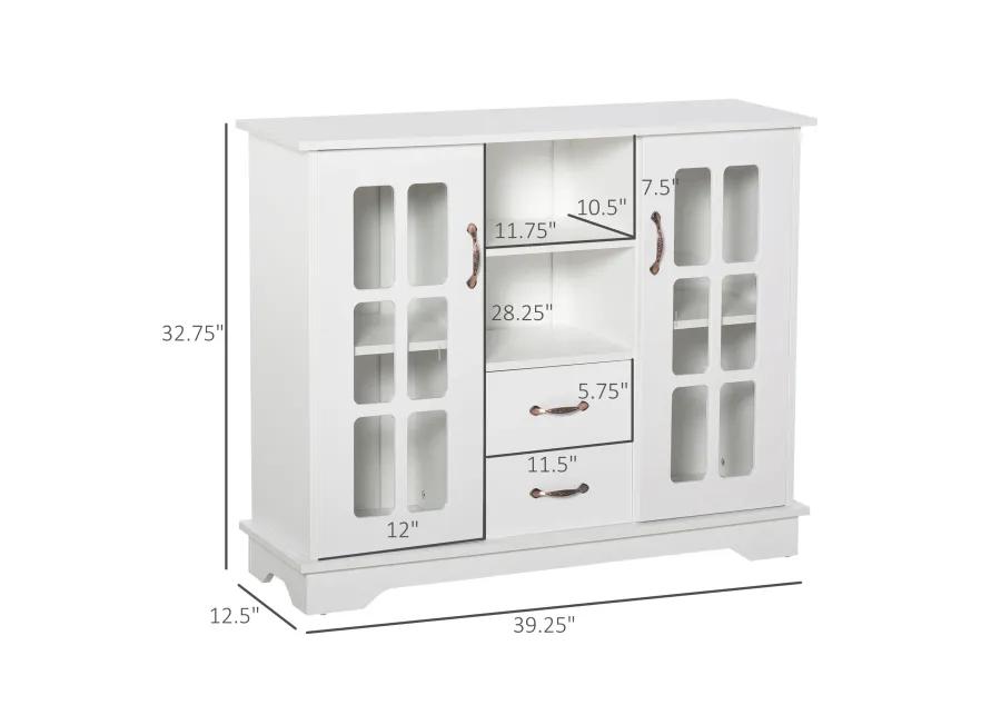 HOMCOM Sideboard Buffet Cabinet, Kitchen Cabinet, Coffee Bar Cabinet with 2 Framed Glass Doors, 2 Drawers and 2 Open Shelves for Living Room, White