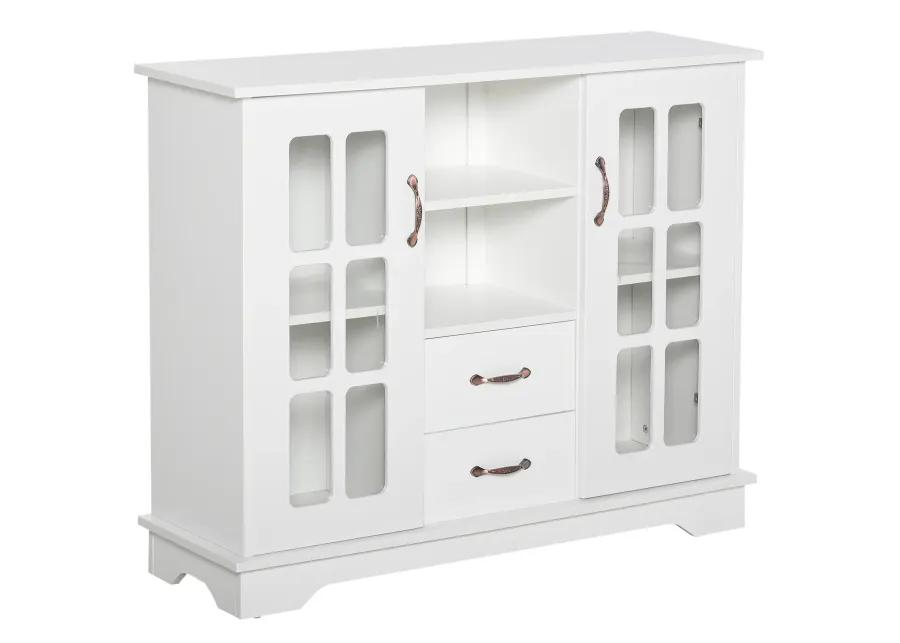 HOMCOM Sideboard Buffet Cabinet, Kitchen Cabinet, Coffee Bar Cabinet with 2 Framed Glass Doors, 2 Drawers and 2 Open Shelves for Living Room, White