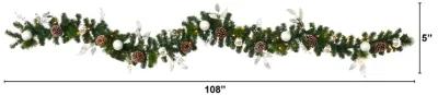 HomPlanti 9" Ornament and Pinecone Artificial Christmas Garland with 50 Clear LED Lights