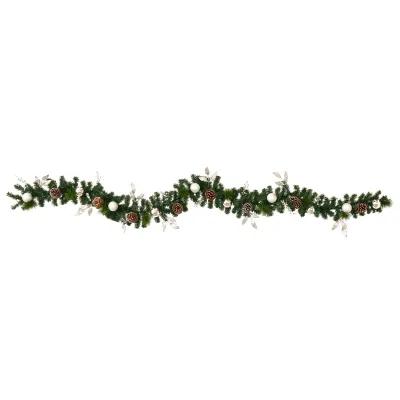 HomPlanti 9" Ornament and Pinecone Artificial Christmas Garland with 50 Clear LED Lights