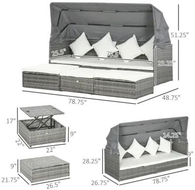 Outsunny 4 Piece Adjustable Canopy Outdoor Rattan Sofa Set Patio Furniture Wicker Sets with Height Adjustable Coffee Table & Cushions Cream White