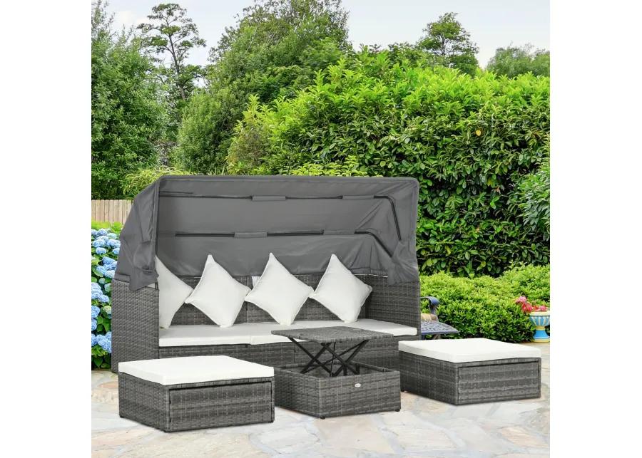 Outsunny 4 Piece Adjustable Canopy Outdoor Rattan Sofa Set Patio Furniture Wicker Sets with Height Adjustable Coffee Table & Cushions Cream White