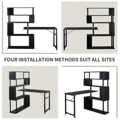 L-Shaped Desk with Rotating Table and Bookshelf