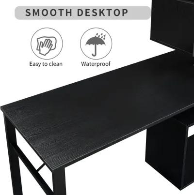 L-Shaped Desk with Rotating Table and Bookshelf