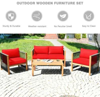 4 Pieces Acacia Wood Sofa Set with Cushions for Outdoor Patio