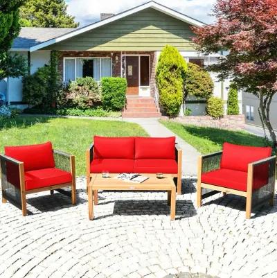 4 Pieces Acacia Wood Sofa Set with Cushions for Outdoor Patio