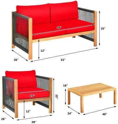 4 Pieces Acacia Wood Sofa Set with Cushions for Outdoor Patio