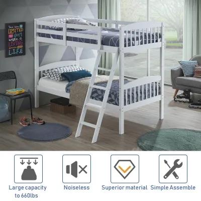 Hardwood Twin Bunk Bed Frames with Inclined Ladder and Safety Guardrails