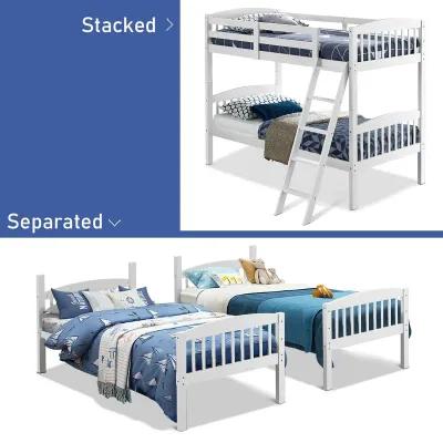 Hardwood Twin Bunk Bed Frames with Inclined Ladder and Safety Guardrails