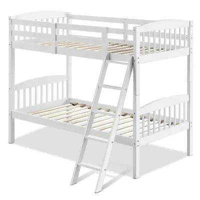 Hardwood Twin Bunk Bed Frames with Inclined Ladder and Safety Guardrails