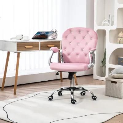 Velvet Home Office Chair, Button Tufted Desk Chair with Padded Armrests, Adjustable Height and Swivel Wheels, Pink