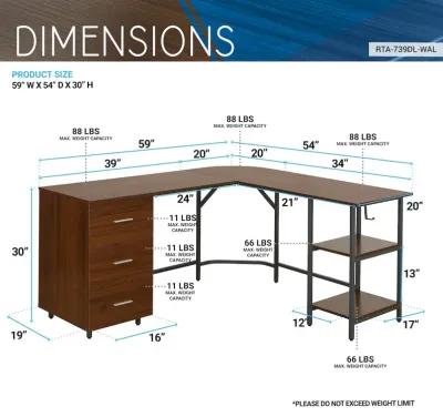 Techni Mobili L-Shape Home Office Two Tone Desk with Storage, Walnut