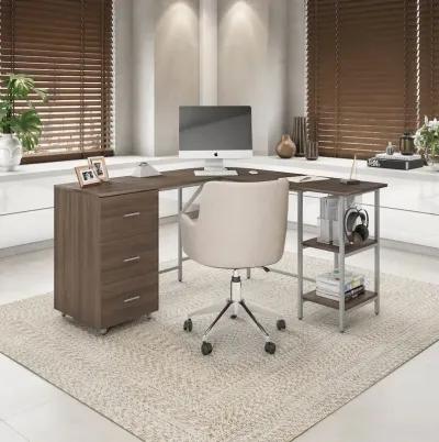 Techni Mobili L-Shape Home Office Two Tone Desk with Storage, Walnut