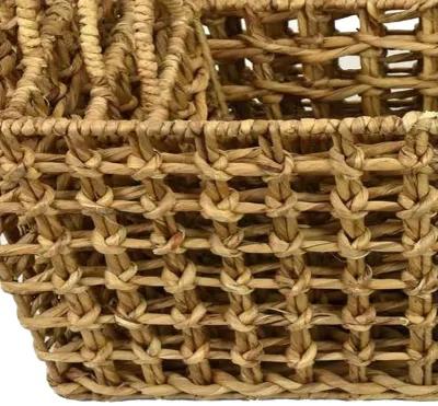 Set of 4 Storage Baskets, Intricately Woven Hyacinth Rope Handles, Brown - Benzara