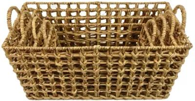 Set of 4 Storage Baskets, Intricately Woven Hyacinth Rope Handles, Brown - Benzara