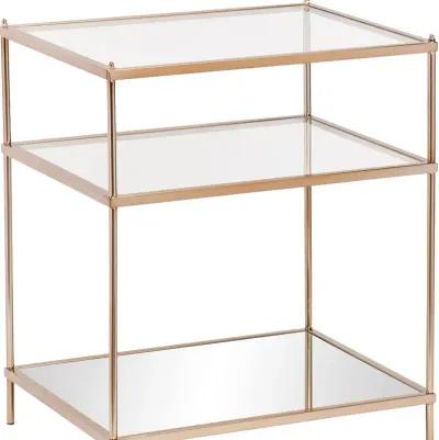 Homezia 27" Gold Glass And Iron Square Mirrored End Table With Shelf