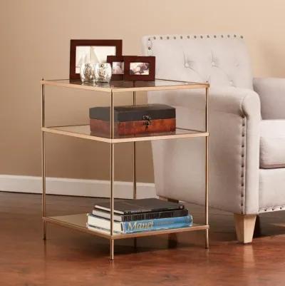 Homezia 27" Gold Glass And Iron Square Mirrored End Table With Shelf