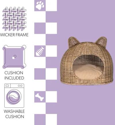 Cat Ear 20" x 14.5" Coastal Handwoven Rattan Cat Bed with Machine-Washable Cushion, Natural