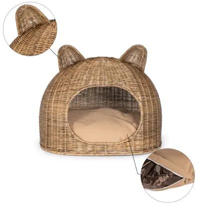 Cat Ear 20" x 14.5" Coastal Handwoven Rattan Cat Bed with Machine-Washable Cushion, Natural