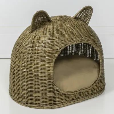 Cat Ear 20" x 14.5" Coastal Handwoven Rattan Cat Bed with Machine-Washable Cushion, Natural