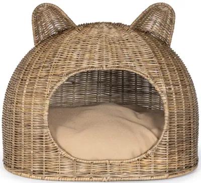 Cat Ear 20" x 14.5" Coastal Handwoven Rattan Cat Bed with Machine-Washable Cushion, Natural