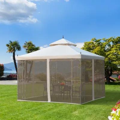 Cream Outdoor Entertaining: 10x10 Steel Gazebo with Mesh Curtains & Shelves