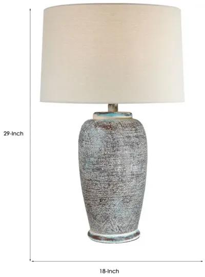 Alin 29 Inch Hydrocal Table Lamp, Drum Shade, Urn Shaped Base, Misty Sky - Benzara