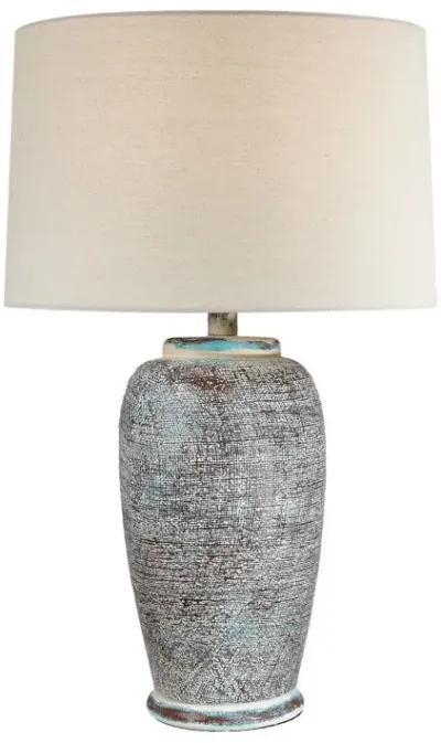 Alin 29 Inch Hydrocal Table Lamp, Drum Shade, Urn Shaped Base, Misty Sky - Benzara