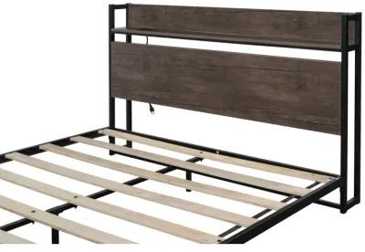 Platform Queen Bed With Socket, Fast Assemble Design