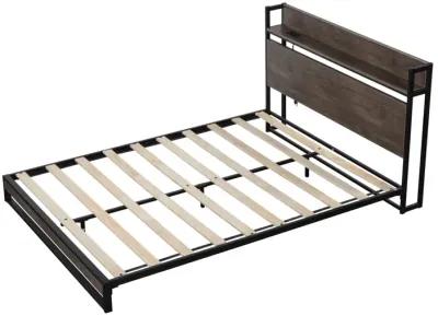 Platform Queen Bed With Socket, Fast Assemble Design