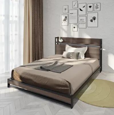 Platform Queen Bed With Socket, Fast Assemble Design