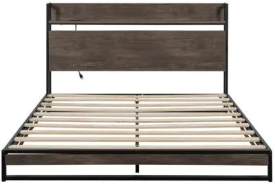 Platform Queen Bed With Socket, Fast Assemble Design