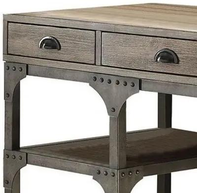 Wood And Metal Desk With Three Drawers And Two Side Shelves, Oak Brown And Gray-Benzara