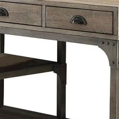 Wood And Metal Desk With Three Drawers And Two Side Shelves, Oak Brown And Gray-Benzara