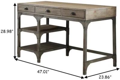 Wood And Metal Desk With Three Drawers And Two Side Shelves, Oak Brown And Gray-Benzara