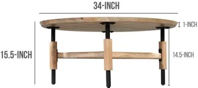 34 Inch Round Coffee Table, Handcrafted Natural Brown Mango Wood with Black Iron Legs - Benzara