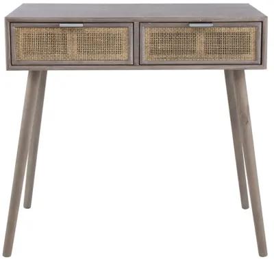 Pia 31 Inch Console Table, Pine Wood, 2 Drawer, Woven Rattan, Rustic Brown-Benzara