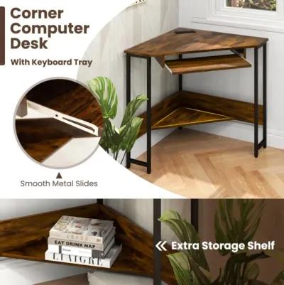 Hivvago Triangle Corner Desk with Charging Station Keyboard Tray and Storage Shelf-Rustic Brown