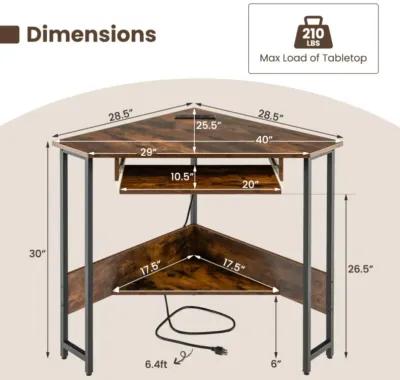 Hivvago Triangle Corner Desk with Charging Station Keyboard Tray and Storage Shelf-Rustic Brown