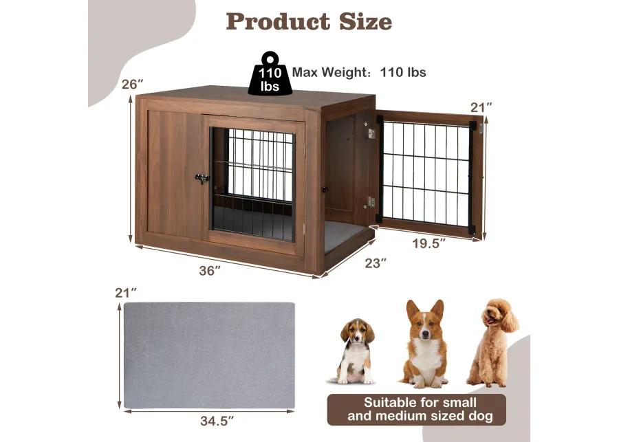 Furniture Dog Crate with Cushion and Double Doors-Walnut