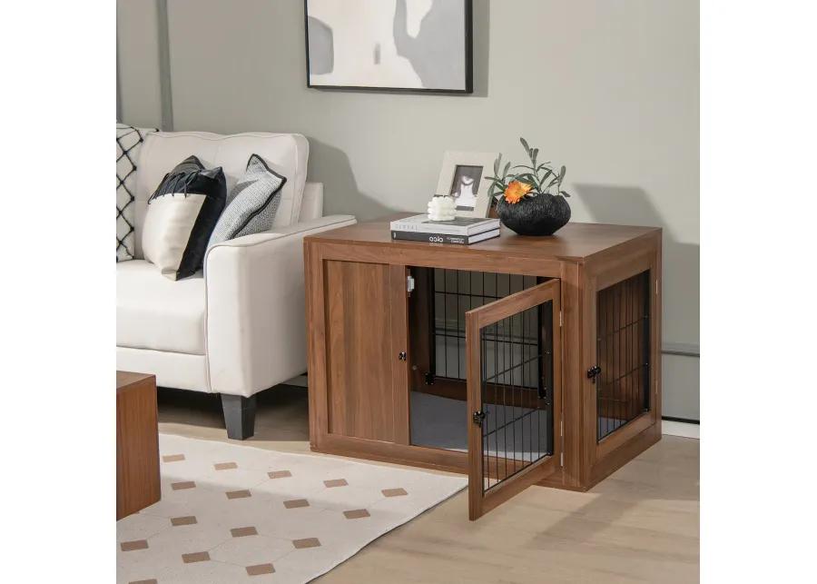 Furniture Dog Crate with Cushion and Double Doors-Walnut