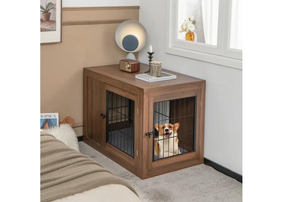 Furniture Dog Crate with Cushion and Double Doors-Walnut