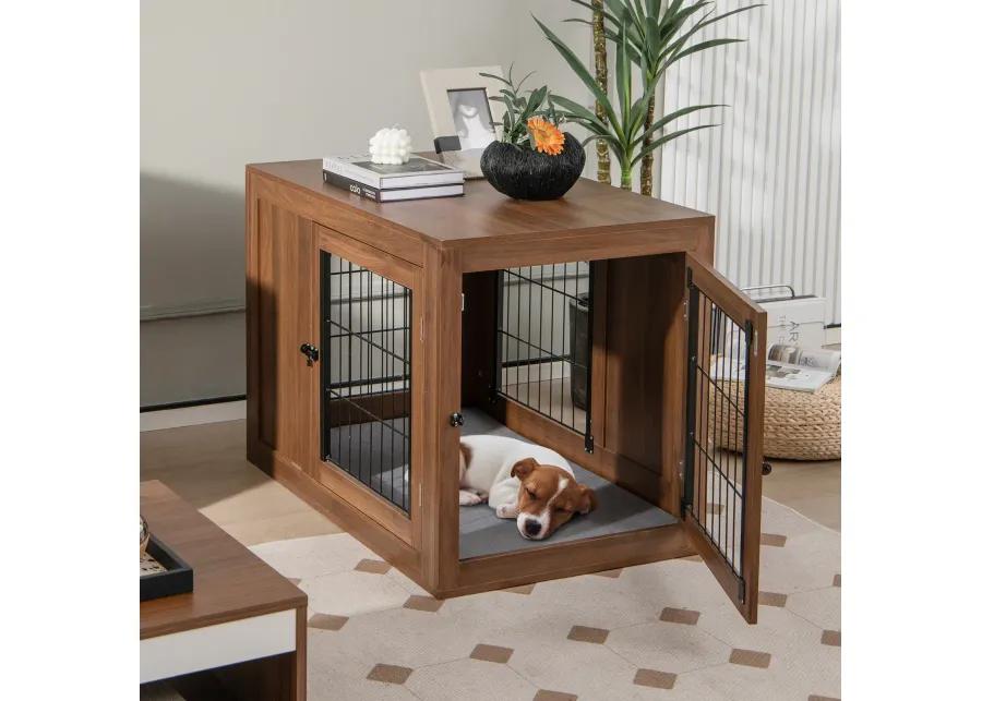 Furniture Dog Crate with Cushion and Double Doors-Walnut