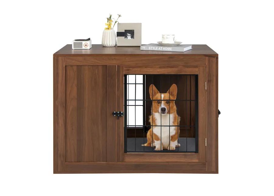 Furniture Dog Crate with Cushion and Double Doors-Walnut