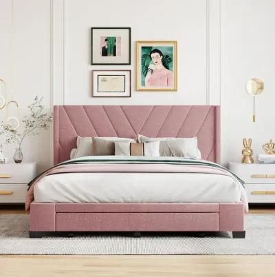 Queen Size Storage Bed Linen Upholstered Platform Bed With 3 Drawers (Pink)