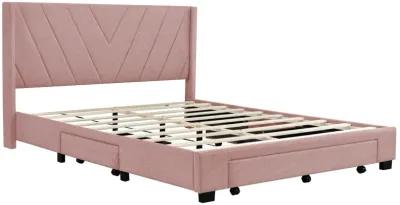 Queen Size Storage Bed Linen Upholstered Platform Bed With 3 Drawers (Pink)