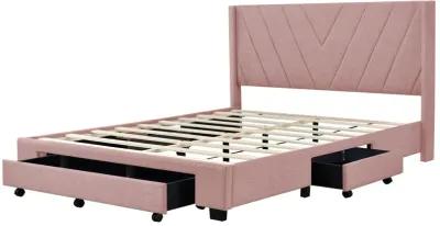 Queen Size Storage Bed Linen Upholstered Platform Bed With 3 Drawers (Pink)