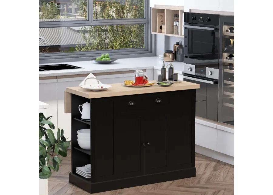 Black Kitchen Island: Freestanding Table with Drop Leaf and Storage