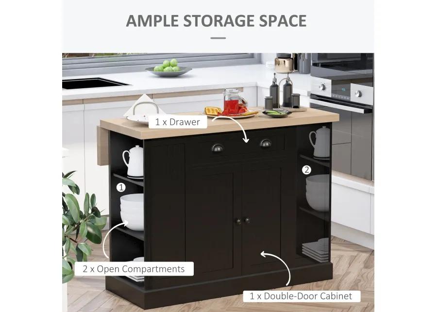 Black Kitchen Island: Freestanding Table with Drop Leaf and Storage