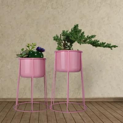 "Beautiful Set of 2 Decorative Contemporary Pink Metal Flower Planter Holders with Stand, 29"" and 26"" Tall, Perfect for Adding a Touch of Sophistication and Elegance to your Home"